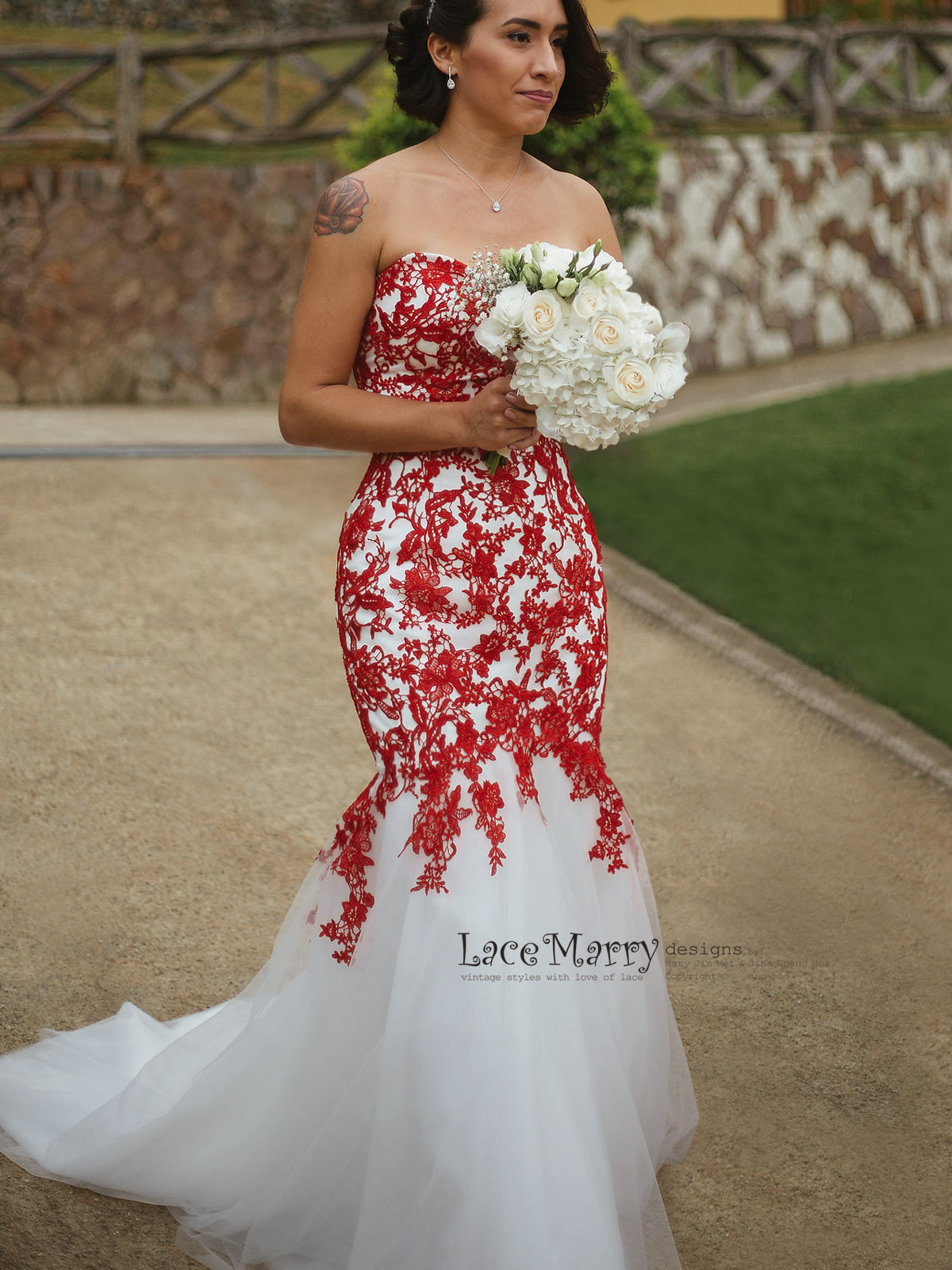 Red Lace Wedding Dress with Ivory Tulle ...